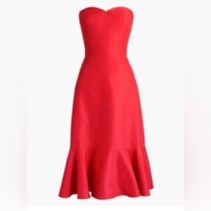 J Crew Dress Red Strapless Midi Silk Cotton Blend Flounce Hem  Sz 2 Party Spring